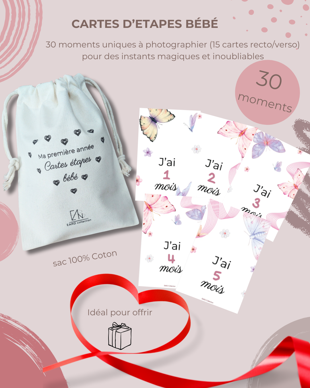 Carte étapes bébé Papillon 30 moments sur 15 cartes Cadeau futurs parents/future maman/baby shower, photo souvenir – Image 2