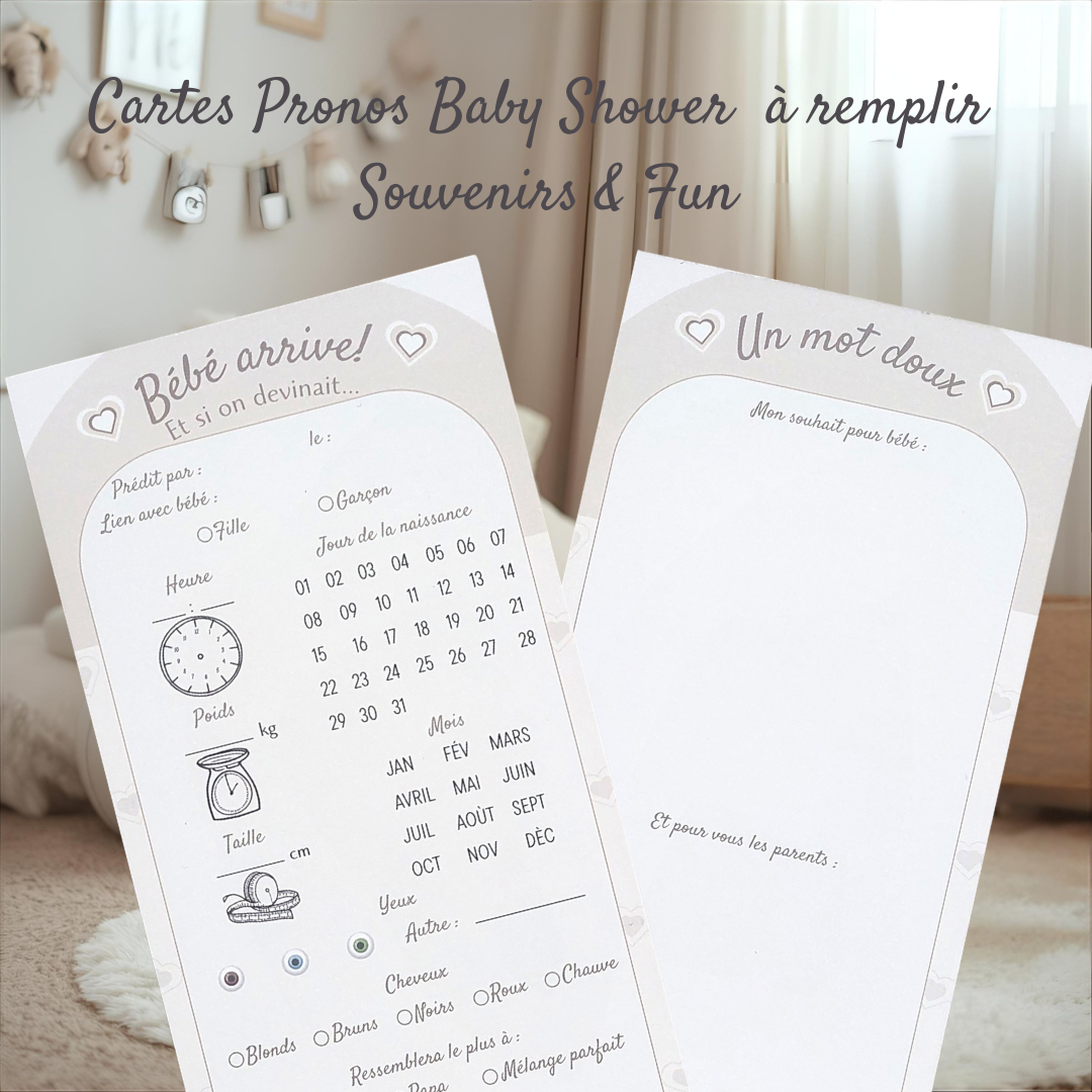 Cartes de Pronostics Naissance – Jeu & Souvenirs Baby Shower /jeu gender reveal ,Animation fête prénatale